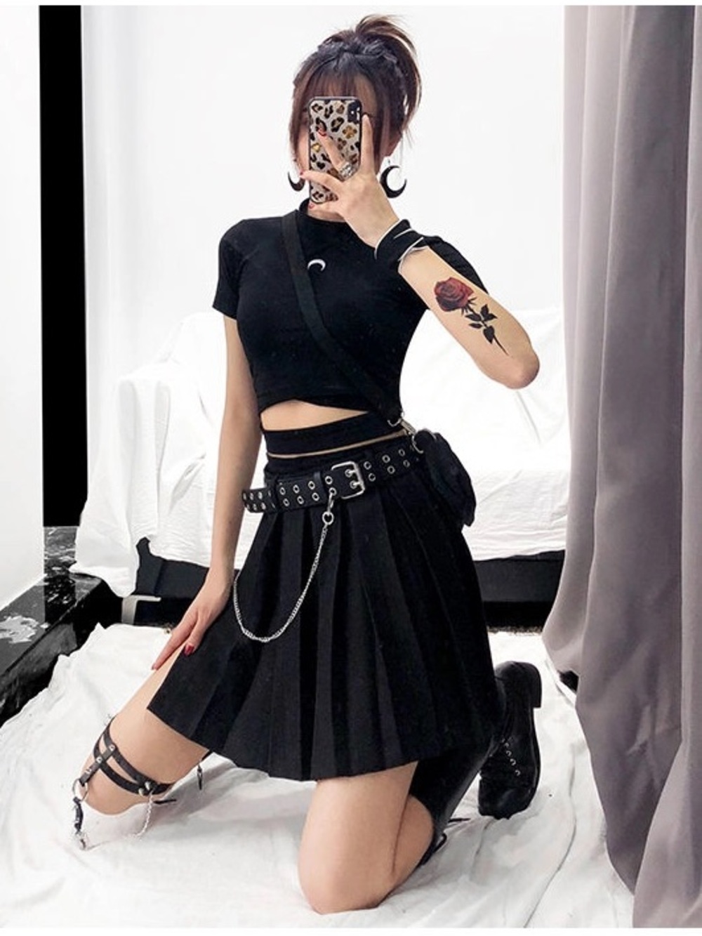 Black Cropped Cut Out Tshirt With Embroidered Crescent Moon